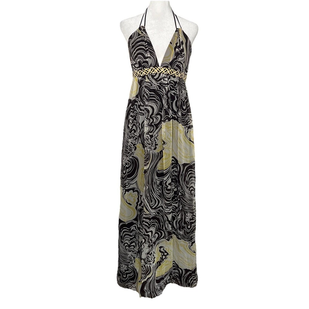 Laundry 100% Silk Maxi Dress Halter Top Empire Woven Trim Waist Boho Tropical‎ 2